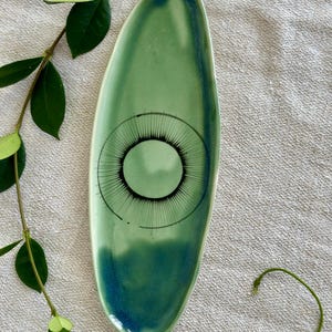 Ceramic serving platter, Green handmade geometric pottery plate