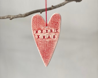 Handmade Ceramic Textured Christmas Heart Ornament, MERRY XMAS Heart Decoration, Pottery Heart, Clay Christmas Ornament