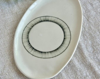 White ceramic serving platter with black line work, Handmade geometric pottery plate