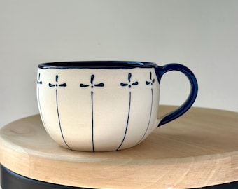 Ceramic Coffee Mug with Delicate Flowers, Stripy Indigo Blue Pottery Mug