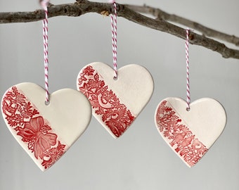 Set Of 3 Handmade Ceramic Heart Christmas Ornaments,  Red Pottery Christmas Tree Decoration