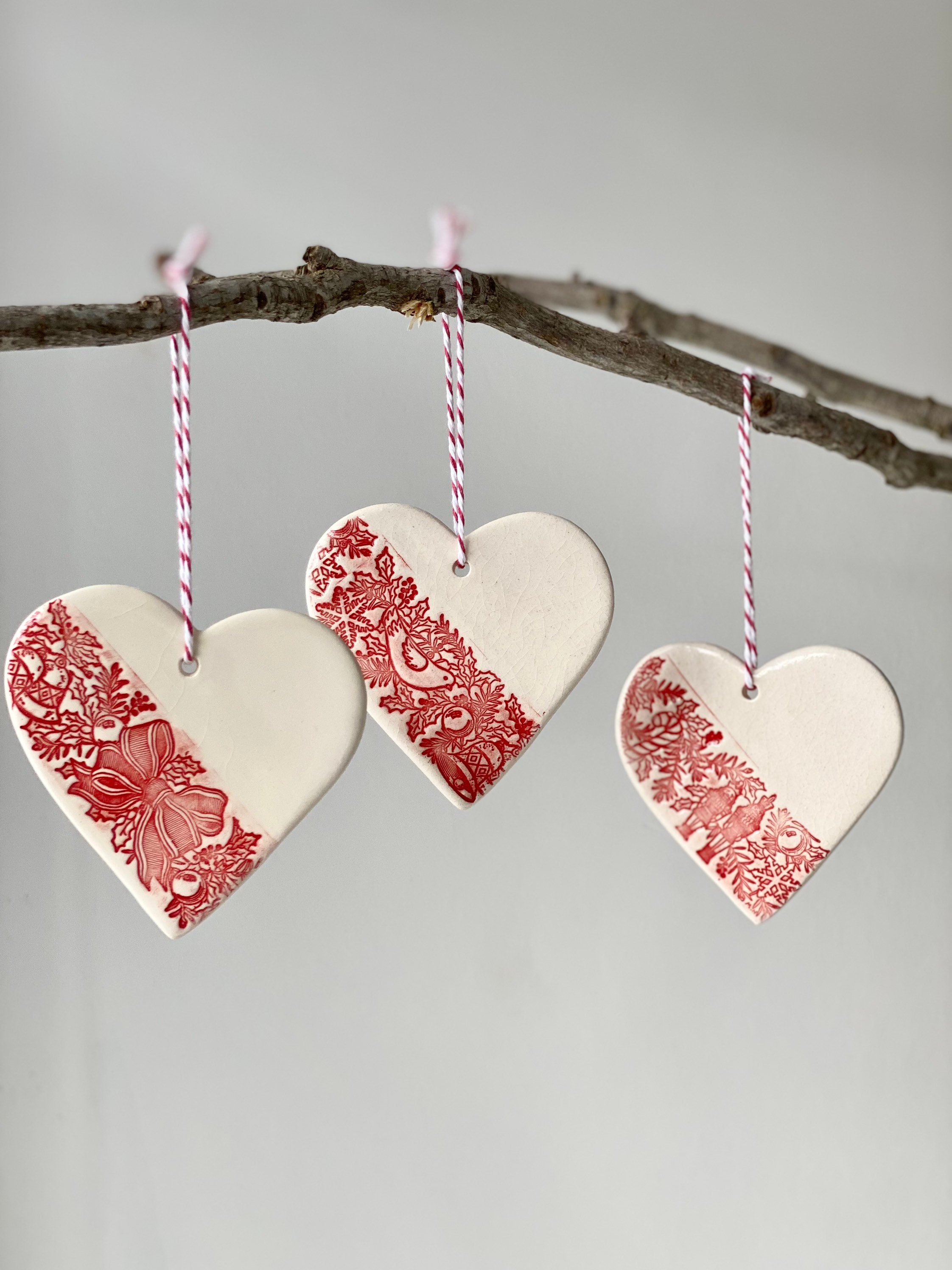 Set of 3 Handmade Ceramic Heart Christmas Ornaments, Red Pottery Christmas  Tree Decoration 