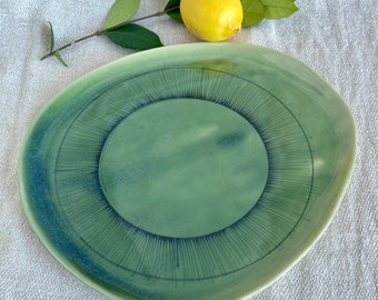 Emerald green ceramic serving platter, Handmade geometric pottery plate