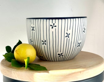 Big Stripy Ceramic Bowl with Indigo Blue Pattern,  Pottery Dish
