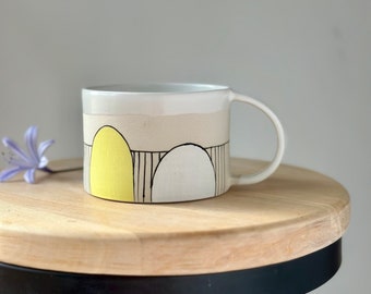 Yellow and White Ceramic Coffee Mug, Large Stripy Pottery Tea Cup