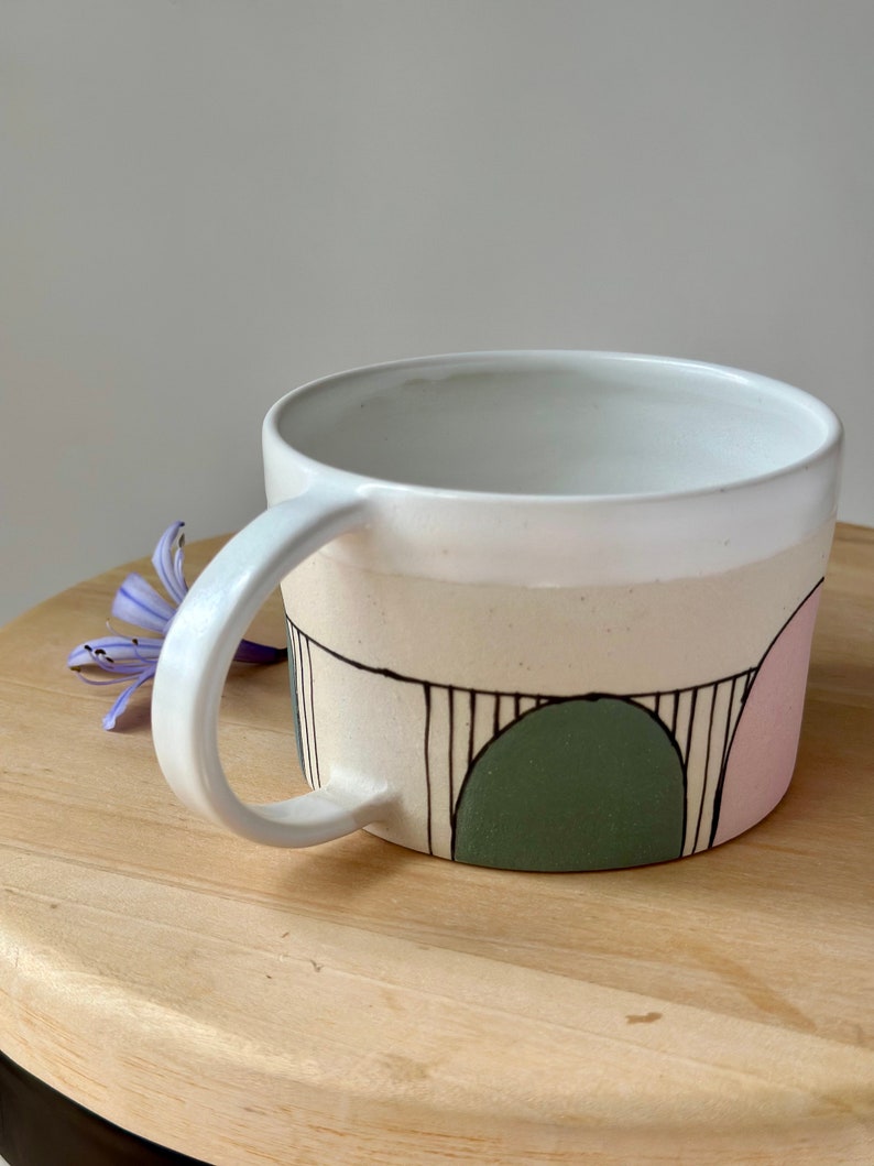 Ceramic Pink and Green Coffee Mug, Stripy Pottery Tea Cup image 5