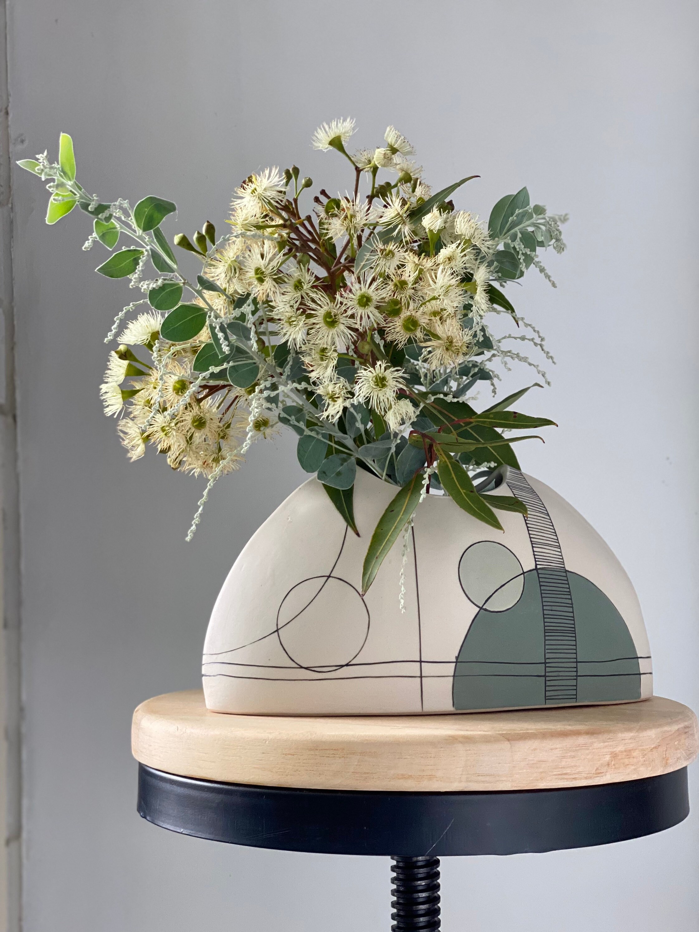 Vase à Fleurs Vertes en Céramique Fait La Main - Vase Poterie Géométrique Décoré