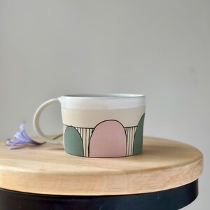 Ceramic Pink and Green Coffee Mug, Stripy Pottery Tea Cup image 3