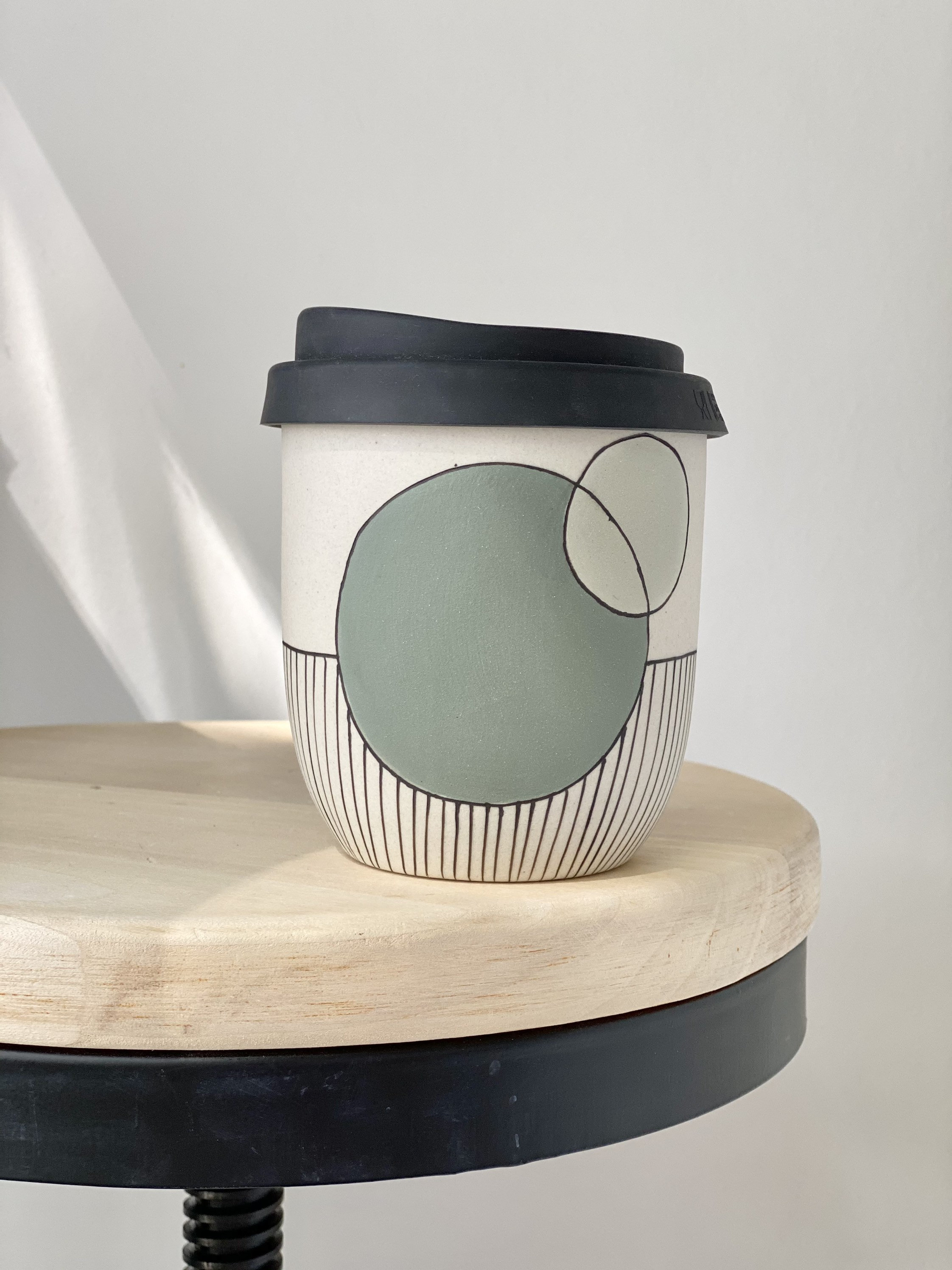 Tasse à Emporter en Céramique Faite La Main, Tasse de Voyage Poterie Verte avec Couvercle