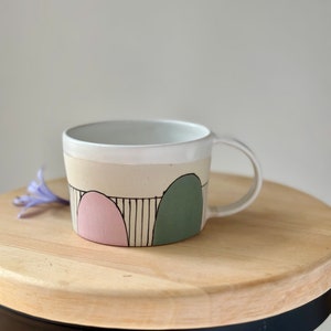 Ceramic Mug Pink and Green Coffee Mug, Stripy Pottery Tea Cup image 4