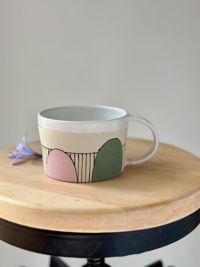 Ceramic Mug Pink and Green Coffee Mug, Stripy Pottery Tea Cup image 4