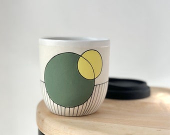 Large Ceramic Green and Yellow Take Away Coffee Mug, Handmade Pottery Keep Cup with Silicone Lid,