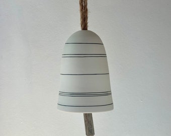 Large White Ceramic Bell With Carved Wood Clapper, Handmade Stripy Pottery Garden Bell