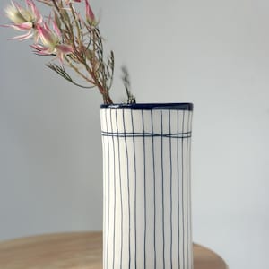 Handmade Ceramic Blue and White Vase, Indigo Blue Stripy Pottery Vase