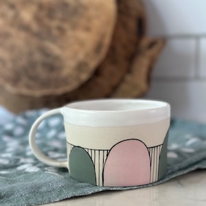 Ceramic Pink and Green Coffee Mug, Stripy Pottery Tea Cup image 1