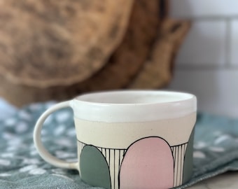 Ceramic Pink and Green  Coffee Mug,  Stripy Pottery Tea Cup