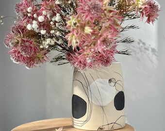 Handmade Black and White Ceramic Vase: Geometric Pottery Centrepiece