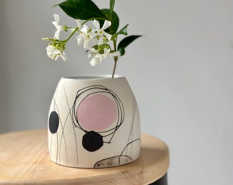 Black and Pink Geometric Ceramic Vase, Handmade Pottery Flower Vase, Housewarming Gift, Gift For Mum