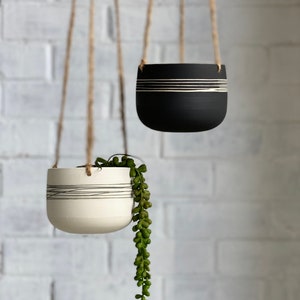 Ceramic Hanging Planter, Handmade Pottery Hanging Plant Holder, Black or White Hanging Plant Pot