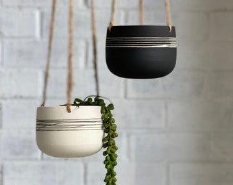 Ceramic Hanging Planter, Handmade Pottery Hanging Plant Holder, Black or White Hanging Plant Pot