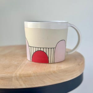 Ceramic Coffee Mug,  Red Pink and Yellow Handmade Stripy Pottery Tea Cup