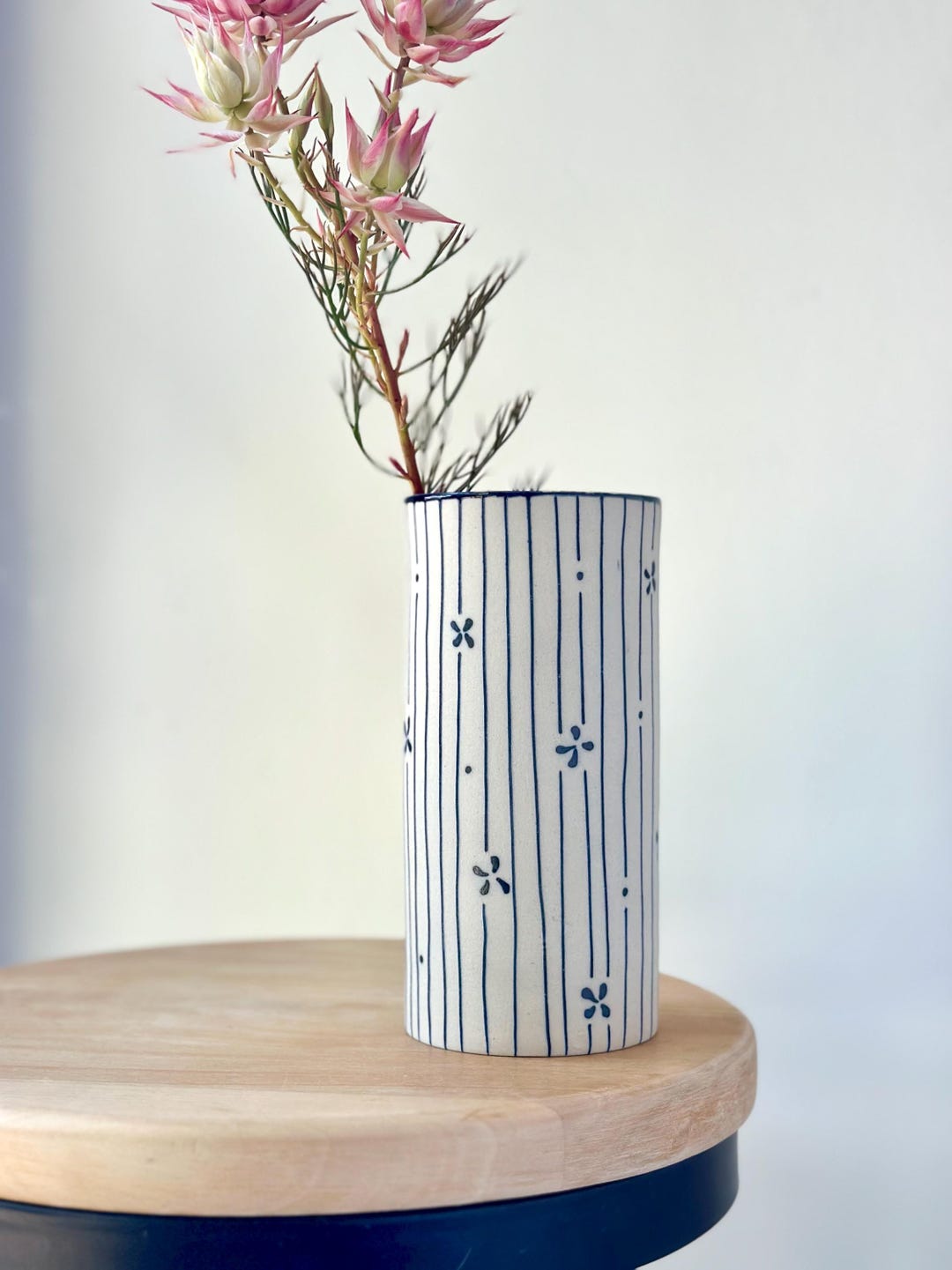 Handmade Ceramic Blue and White Vase, Indigo Blue Stripy Pottery Vase ...