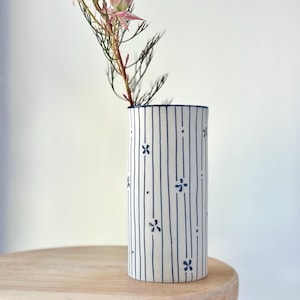 Handmade Ceramic Blue and White Vase, Indigo Blue Stripy Pottery Vase