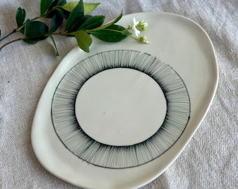 White ceramic serving platter with black line work, Handmade geometric pottery plate