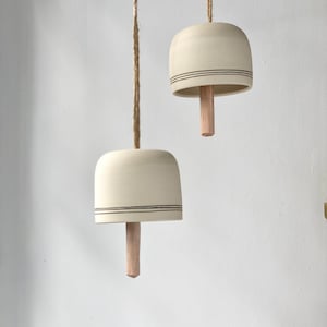 Ceramic Bell with carved wood clapper, White Stripy Pottery Clay Bell