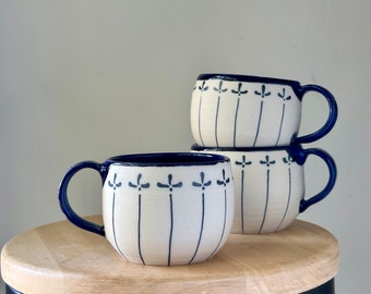 Blue Ceramic Coffee Mug with Delicate Flowers, Stripy Indigo Pottery Mug
