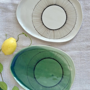 Handmade Ceramic Serving Platter,  Green or White Geometric Pottery Plate, Artisan Tableware, Unique Home Décor