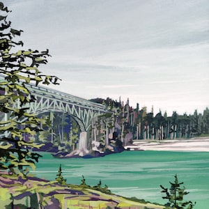 May include: A painting of a bridge over a body of water. The bridge is made of metal and is painted a light green color. The water is a bright turquoise color. There are trees on both sides of the bridge and on the shore.