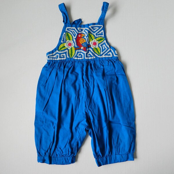 Bright Blue Tropical Parrot Overalls, Bird Flowers, Boho Bohemian Pants, Shortalls, 3T