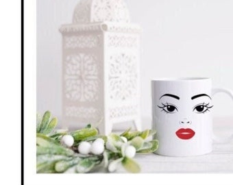 Woman face  Woman head Lady face Red Lips Mug with Coaster