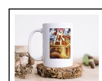 Santa on Sleigh /African American Mug with Coaster