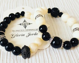 Mother of Pearl and Onyx Bracelet with Gladiator Focal Bead