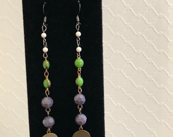 Drop/Dangle  rosary chain earrings, lavender crystal , green enamel, white