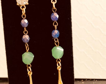 Drop/dangle  Rosery chain earrings faceted lavender bead, green faceted bead , swuare crystal bead 7 inch