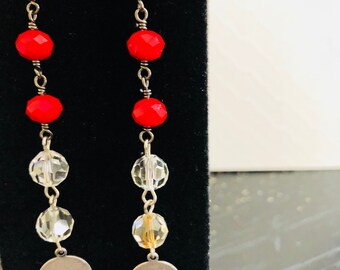 Drop/Dangle Rosary chain earrings red, blue and clear faceted crystal beads with believe charm 7 inches