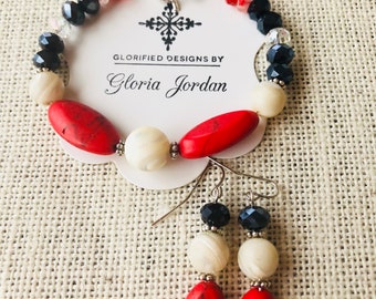 Women's Red, White, Blue Bracelet and Earrings 2 Piece Set
