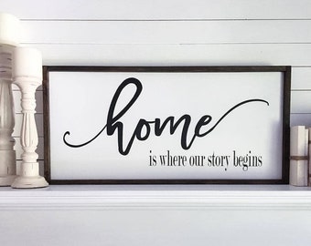 Home is where our story begins, Wood Framed Sign, Living Room Signs for Home, Home Wall Decor, Home  Sign, Living Room wall art,
