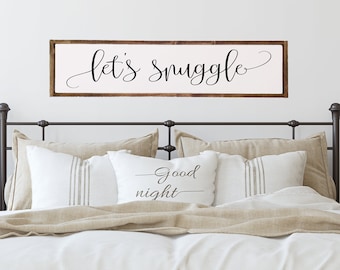 Let's Snuggle Framed Wood Sign | Bedroom Wall Decor