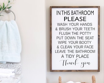 Bathroom Rules Wood Sign | Farmhouse Restroom Decor