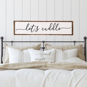 Let&#39;s cuddle Framed Wood bedroom sign, Signs for Bedroom, Bedroom Wall decor, Over the Bed Sign, Home wall decor, Primary Bedroom Signs