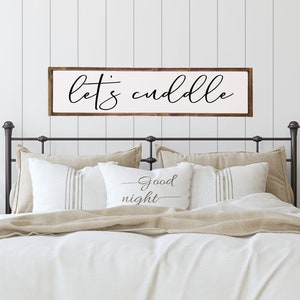 Signs for Bedroom, Let&#39;s Cuddle Wood Framed Sign, Bedroom Wall Decor, Bedroom wall art, Over the bed Signs, Love sign for bedroom, Gift