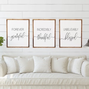 Grateful, Thankful, Blessed | Wood Framed Sign Set | Home wall decor | wooden signs for home | Living Room wall art | Rustic Framed Decor