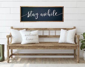 Stay Awhile Wood Framed Sign, Farmhouse Decor