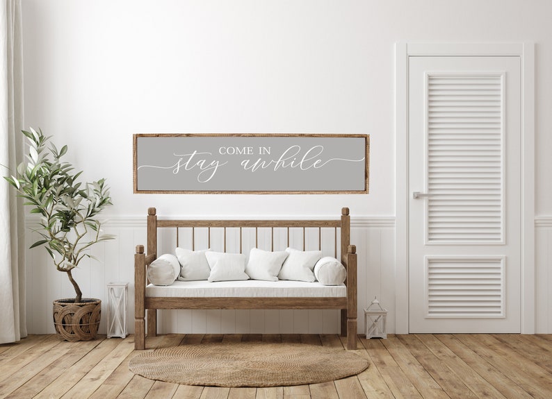 Come In, Stay Awhile, Wood Sign, Stay Awhile Wood Sign, Kitchen and Living Room, Wall Decor, Entryway Wood Sign, Farmhouse Style Decor gray w/white words