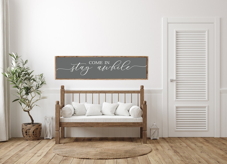 Come In, Stay Awhile, Wood Sign, Stay Awhile Wood Sign, Kitchen and Living Room, Wall Decor, Entryway Wood Sign, Farmhouse Style Decor charcoal w/white