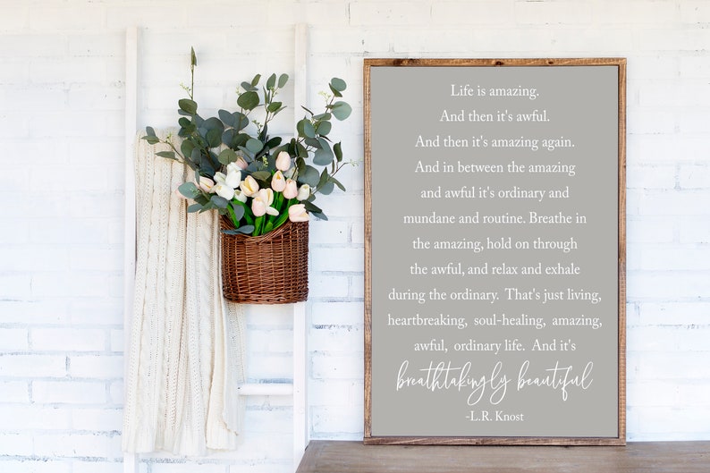 Breathtakingly Beautiful, Inspirational Quote, Home Wall Decor, LR Knost Quote, Living Room Signs, Life Is Amazing Quote, Wood Framed Sign gray w/white words